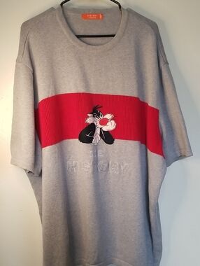 Gray Crewneck Sweater with Red Chest Stripe